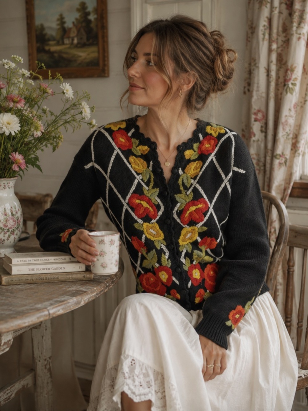 Western Connection Button Down Cardigan Artsy Indie Black Rose Embroidered S 466